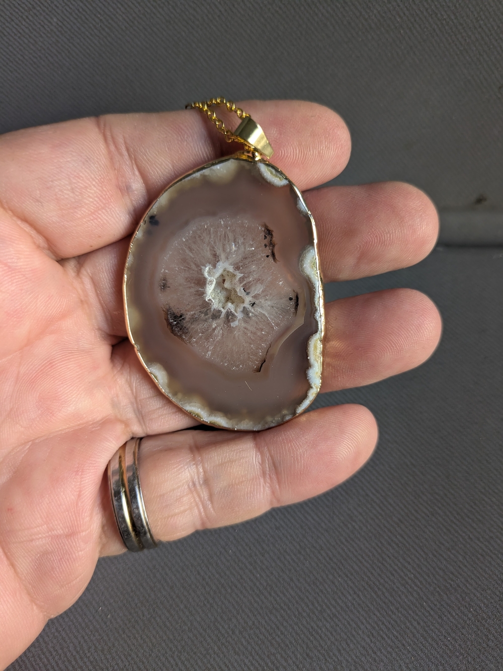 Natural Brown Agate Geode Pendant Necklace - Gold Trim